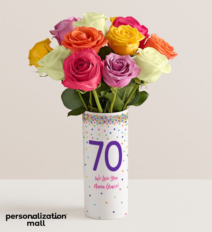 1-800-Flowers Flower Delivery Milestone Celebrations Bouquet W/ Personalized Vase 70Th Birthday Vase W/ One Dozen Assorted Roses
