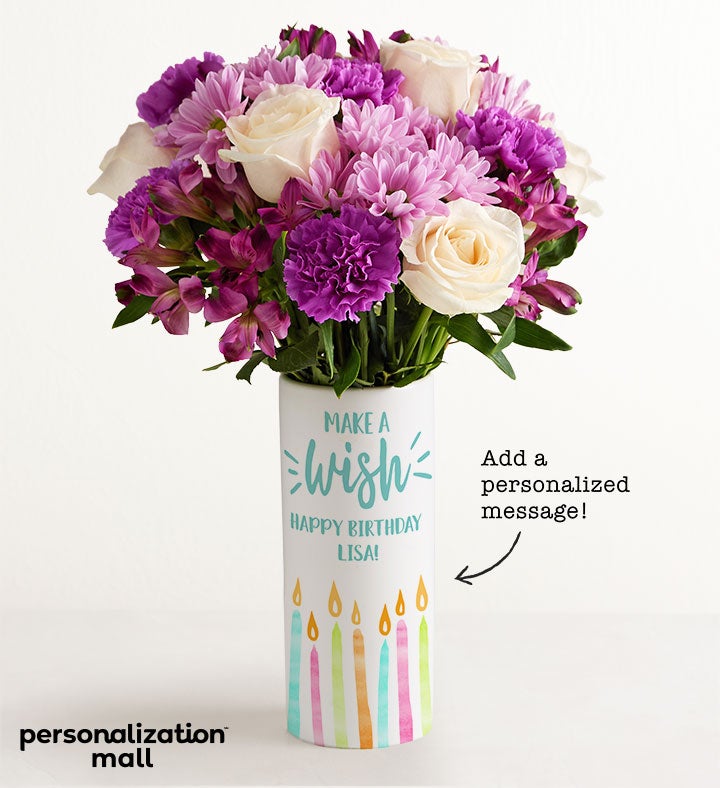 1-800-Flowers Birthday Delivery Make A Wish Bouquet W/ Personalized Vase W/ Lavender Garden Bouquet