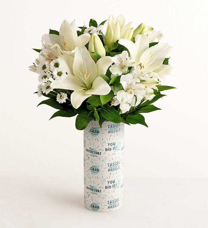 White Lily Bouquet with The Adventure Begins Vase
