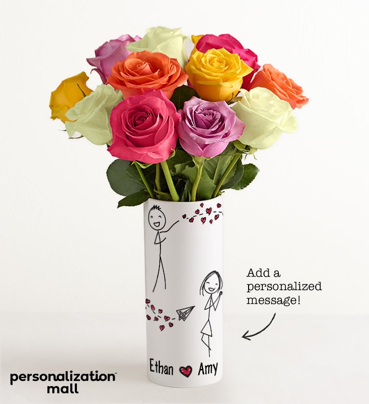 1-800-Flowers Flower Delivery Sending Love Bouquet W/ Personalized Vase W/ One Dozen Assorted Roses