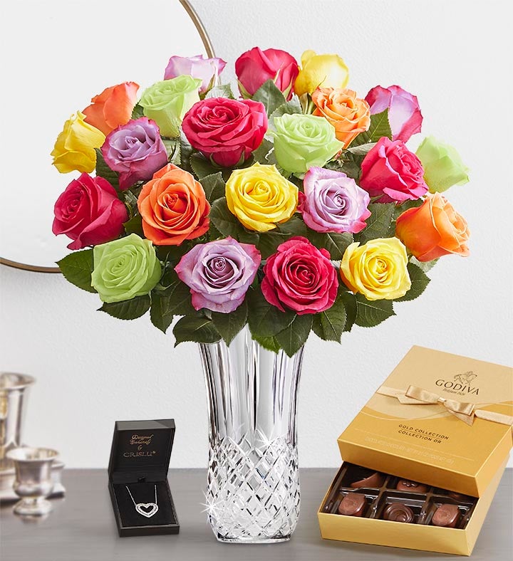 Two Dozen Assorted Roses with Luxury Posh™ Vase