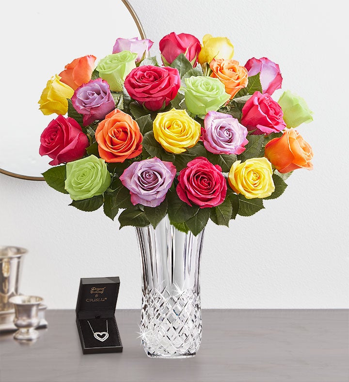 Two Dozen Assorted Roses with Luxury Posh™ Vase