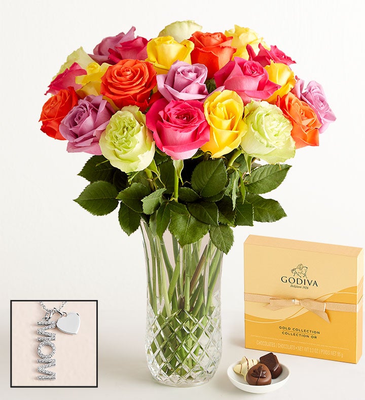 Two Dozen Assorted Roses with Luxury Posh™ Vase