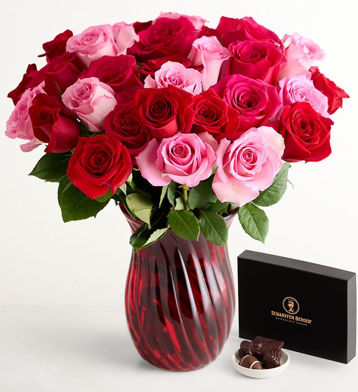 Enchanted Rose Medley Bouquet, 36 Stems with Chocolate