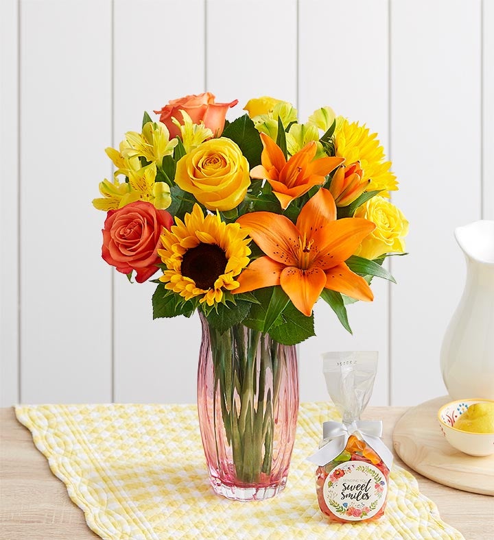 1-800-Flowers Flower Delivery Summer Sunshine Bouquet W/ Pink Vase & Candy