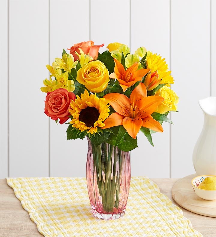 1-800-Flowers Flower Delivery Summer Sunshine Bouquet W/ Pink Vase
