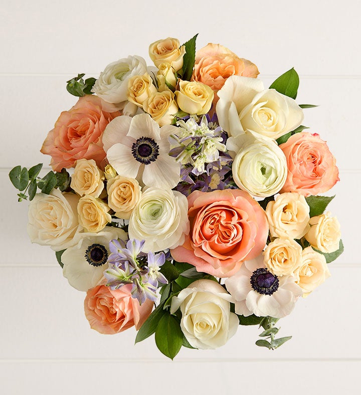 Peach Garden Roses with Eucalyptus Bouquet