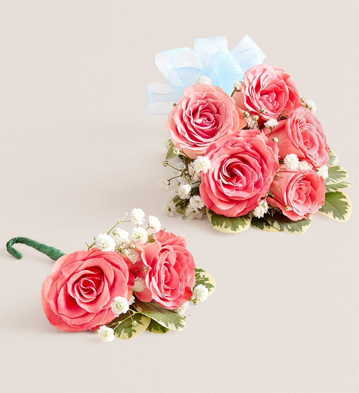 1-800-Flowers Flower Delivery Pink Spray Rose Corsage & Boutonniere Large - Light Blue Bow & Bout