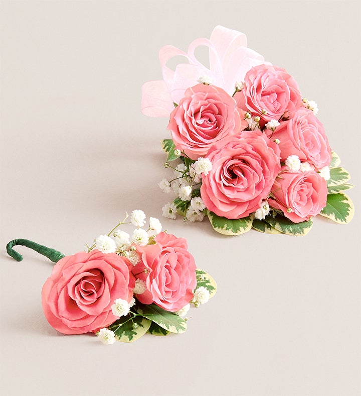 1-800-Flowers Flower Delivery Pink Spray Rose Corsage & Boutonniere Large - Light Pink Bow & Bout