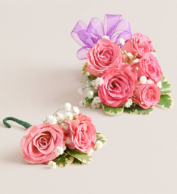1-800-Flowers Flower Delivery Pink Spray Rose Corsage & Boutonniere Large - Purple Bow & Bout