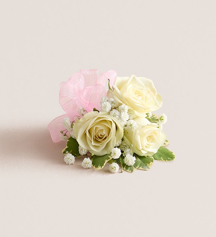 1-800-Flowers Flower Delivery White Spray Rose Corsage Small - Light Pink Bow