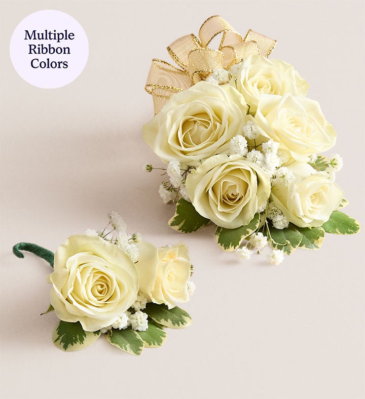 White Spray Rose Corsage & Boutonniere