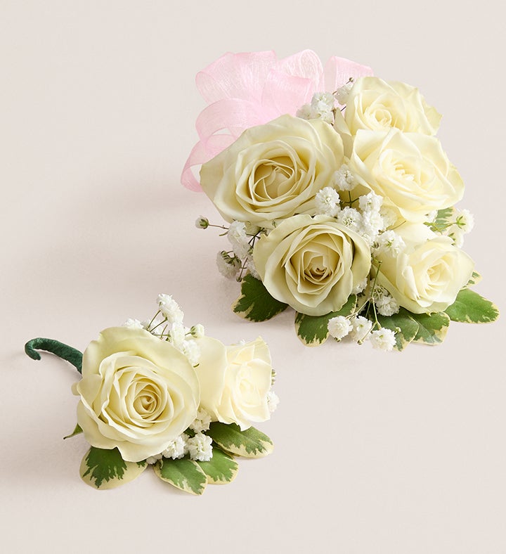 1-800-Flowers Flower Delivery White Spray Rose Corsage & Boutonniere Large - Light Pink Bow