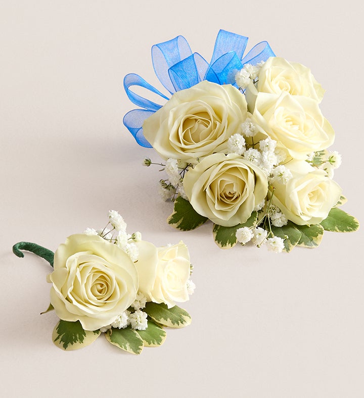 1-800-Flowers Flower Delivery White Spray Rose Corsage & Boutonniere Large - Royal Blue Bow