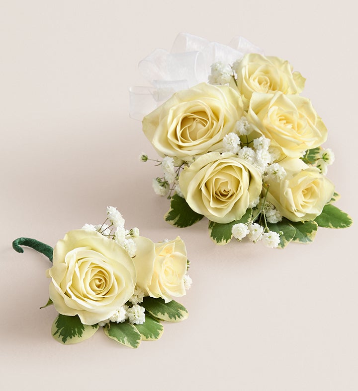 1-800-Flowers Flower Delivery White Spray Rose Corsage & Boutonniere Large - White Bow
