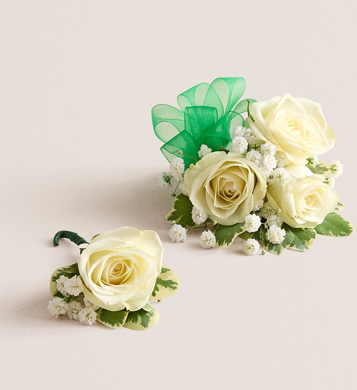 1-800-Flowers Flower Delivery White Spray Rose Corsage & Boutonniere Small - Green Bow