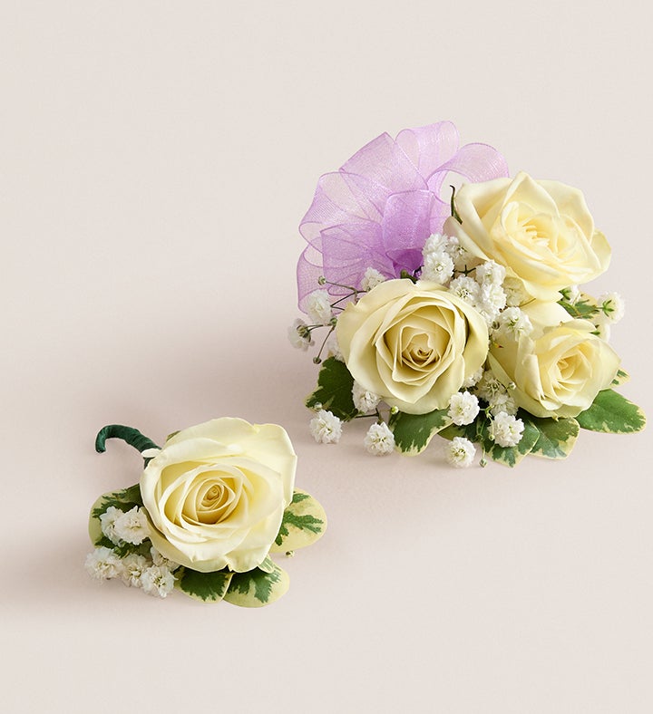 1-800-Flowers Flower Delivery White Spray Rose Corsage & Boutonniere Small - Lavender Bow