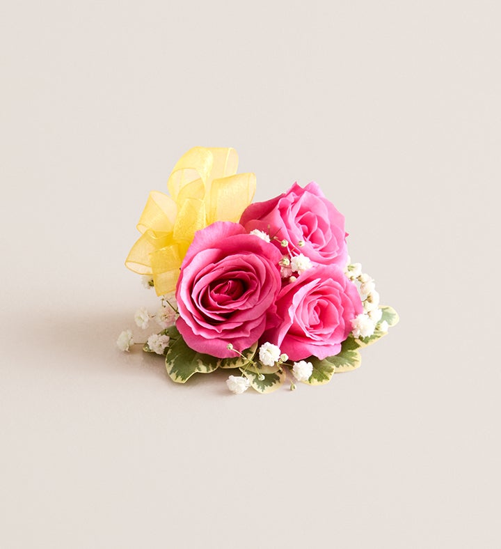1-800-Flowers Flower Delivery Hot Pink Spray Rose Corsage Small - Yellow Bow