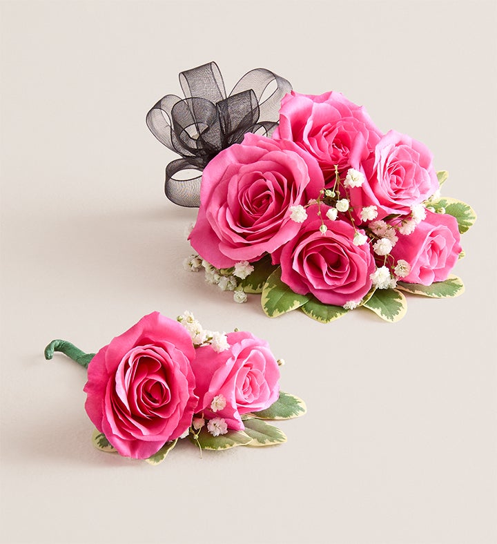 1-800-Flowers Flower Delivery Hot Pink Spray Rose Corsage & Boutonniere Large - Black Bow