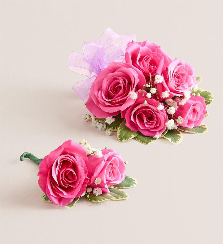 1-800-Flowers Flower Delivery Hot Pink Spray Rose Corsage & Boutonniere Large - Lavender Bow