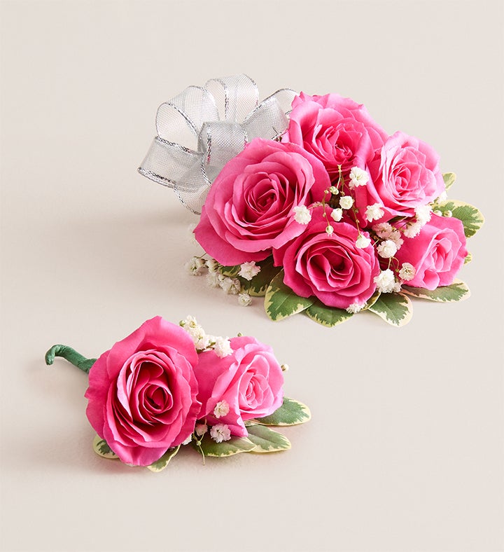 1-800-Flowers Flower Delivery Hot Pink Spray Rose Corsage & Boutonniere Large - Silver Bow