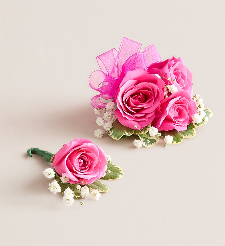 1-800-Flowers Flower Delivery Hot Pink Spray Rose Corsage & Boutonniere Small - Hot Pink Bow