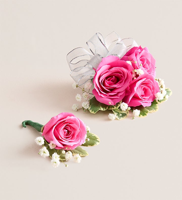 1-800-Flowers Flower Delivery Hot Pink Spray Rose Corsage & Boutonniere Small - Silver Bow
