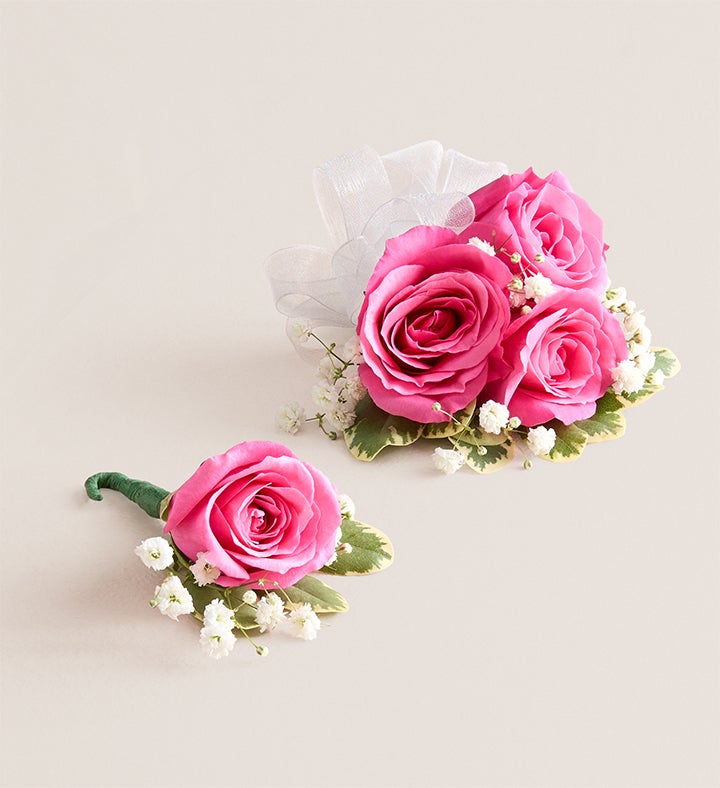 1-800-Flowers Flower Delivery Hot Pink Spray Rose Corsage & Boutonniere Small - White Bow