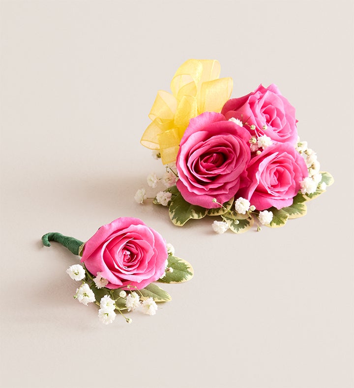 1-800-Flowers Flower Delivery Hot Pink Spray Rose Corsage & Boutonniere Small - Yellow Bow