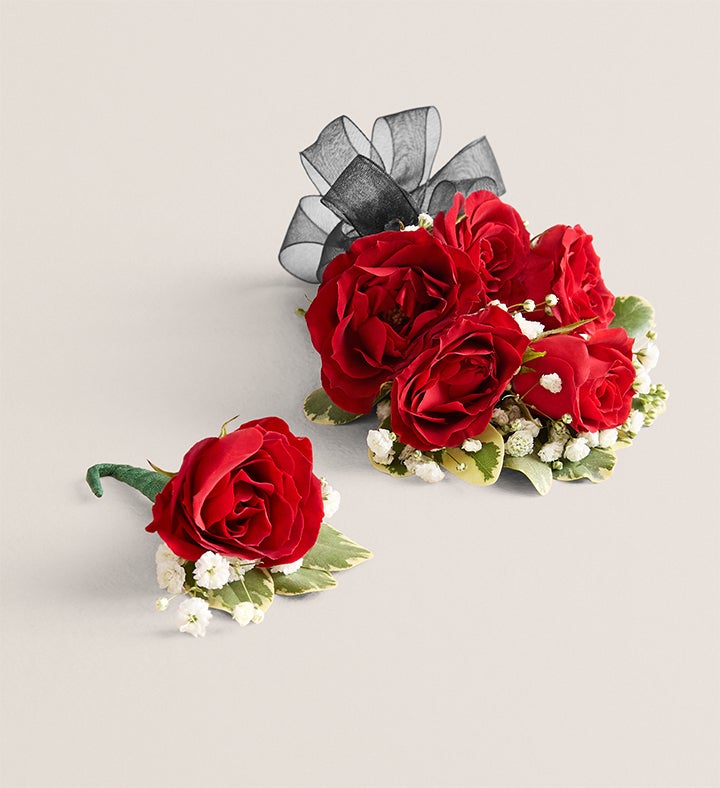 1-800-Flowers Flower Delivery Red Spray Rose Corsage & Boutonniere Large - Black Bow