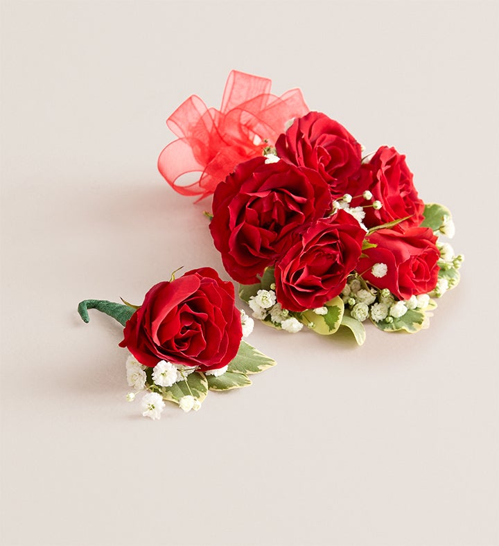1-800-Flowers Flower Delivery Red Spray Rose Corsage & Boutonniere Large - Red Bow