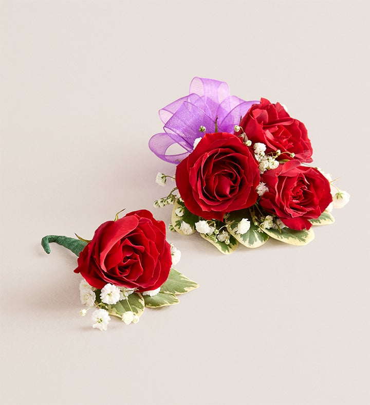 1-800-Flowers Flower Delivery Red Spray Rose Corsage & Boutonniere Small - Purple Bow