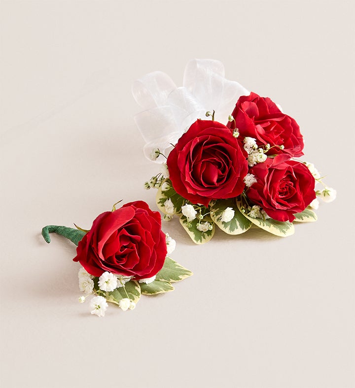 Red Spray Rose Corsage & Boutonniere