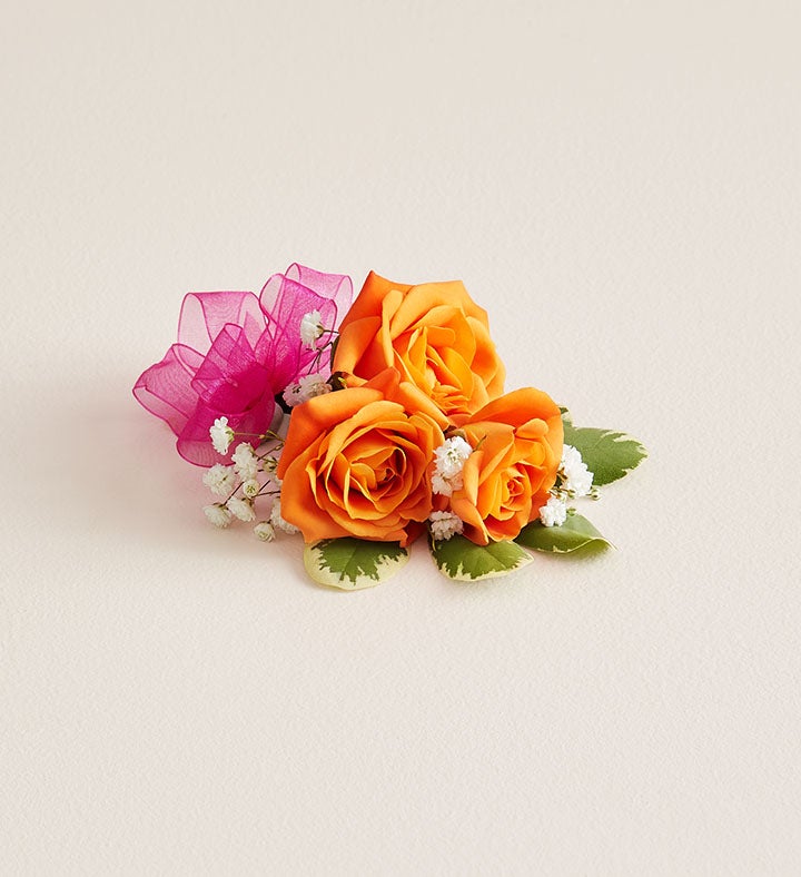 1-800-Flowers Flower Delivery Orange Spray Rose Corsage Small W/ Hot Pink Bow