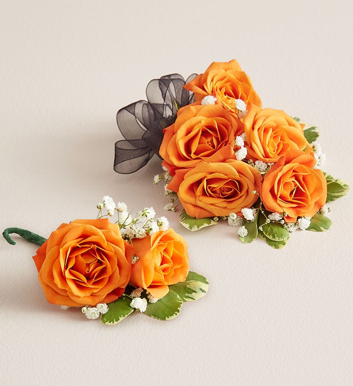 1-800-Flowers Flower Delivery Orange Spray Rose Corsage & Boutonniere Large W/ Black Bow & Boutonniere