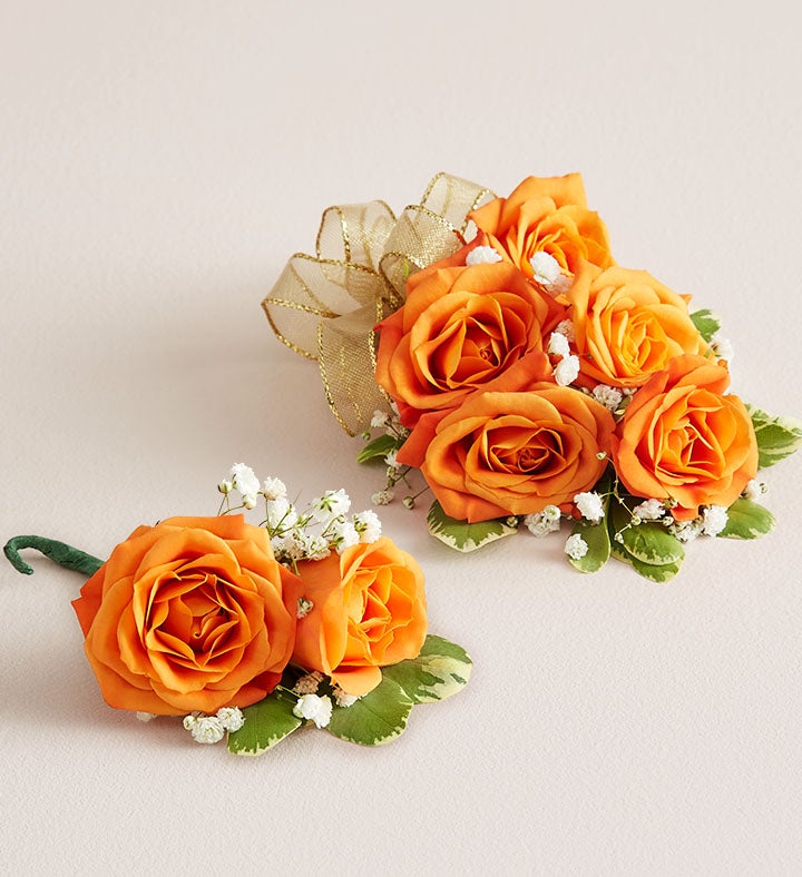 Orange Spray Rose Corsage And Boutonniere | 1800Flowers.com