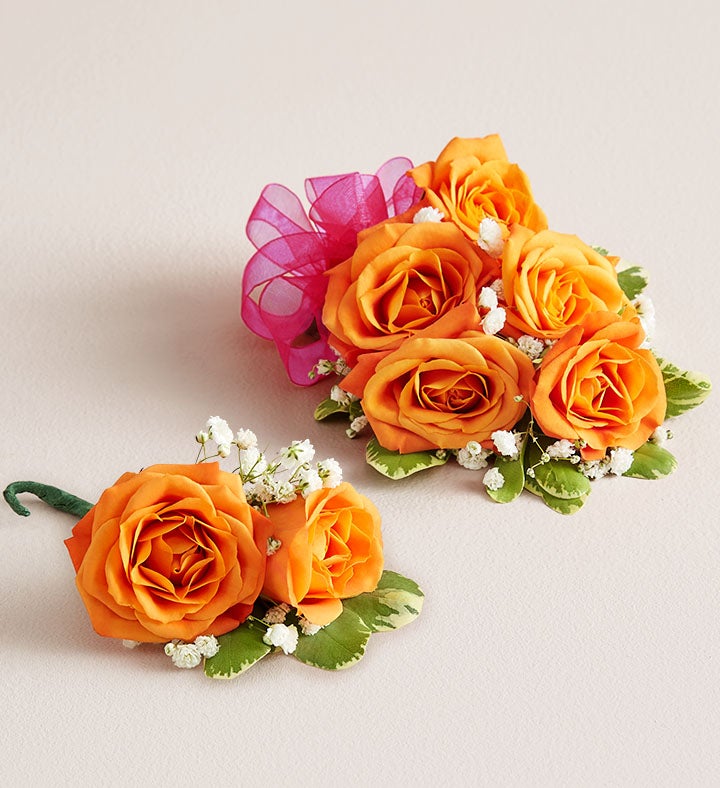 1-800-Flowers Flower Delivery Orange Spray Rose Corsage & Boutonniere Large W/ Hot Pink Bow & Boutonniere