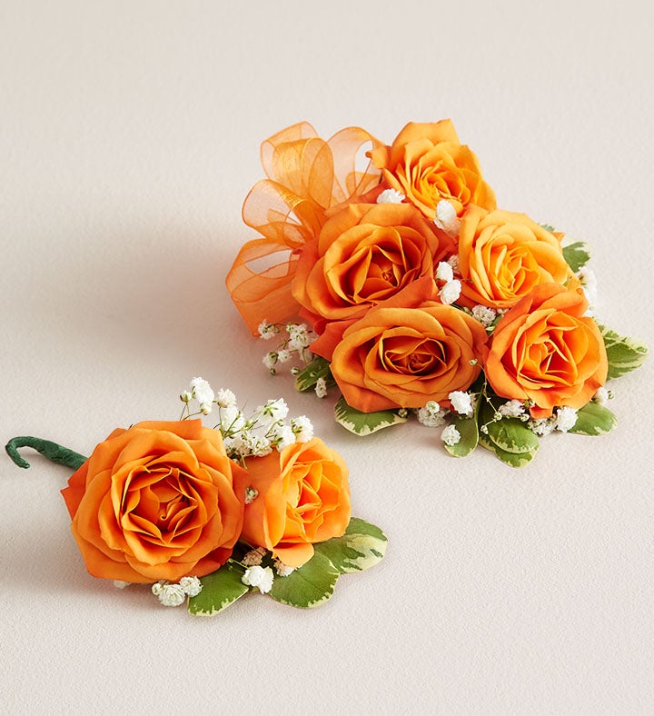 1-800-Flowers Flower Delivery Orange Spray Rose Corsage & Boutonniere Large W/ Orange Bow & Boutonniere