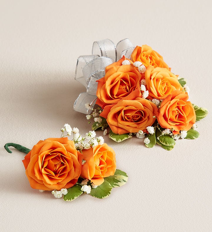 1-800-Flowers Flower Delivery Orange Spray Rose Corsage & Boutonniere Large W/ Silver Bow & Boutonniere