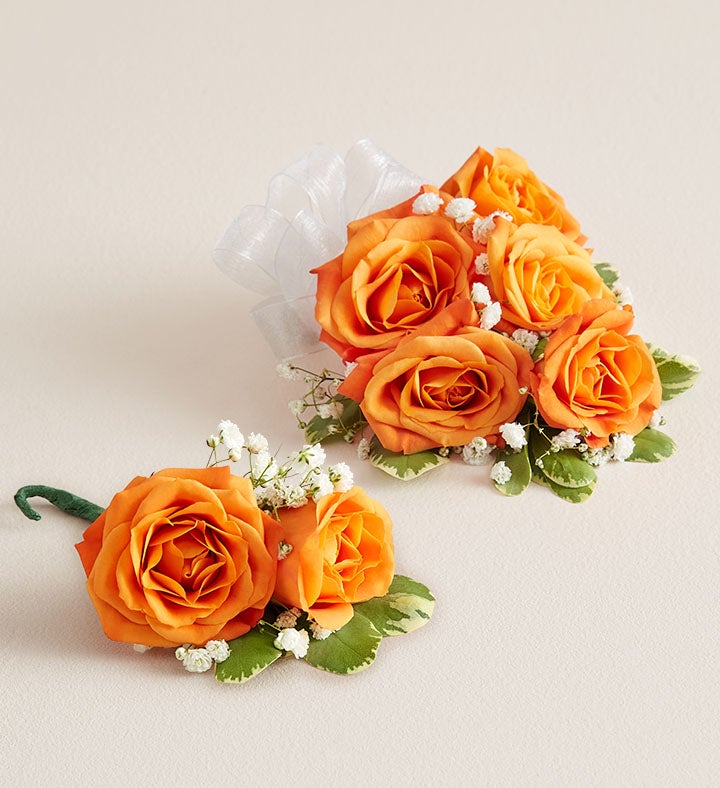 1-800-Flowers Flower Delivery Orange Spray Rose Corsage & Boutonniere Large W/ White Bow & Boutonniere