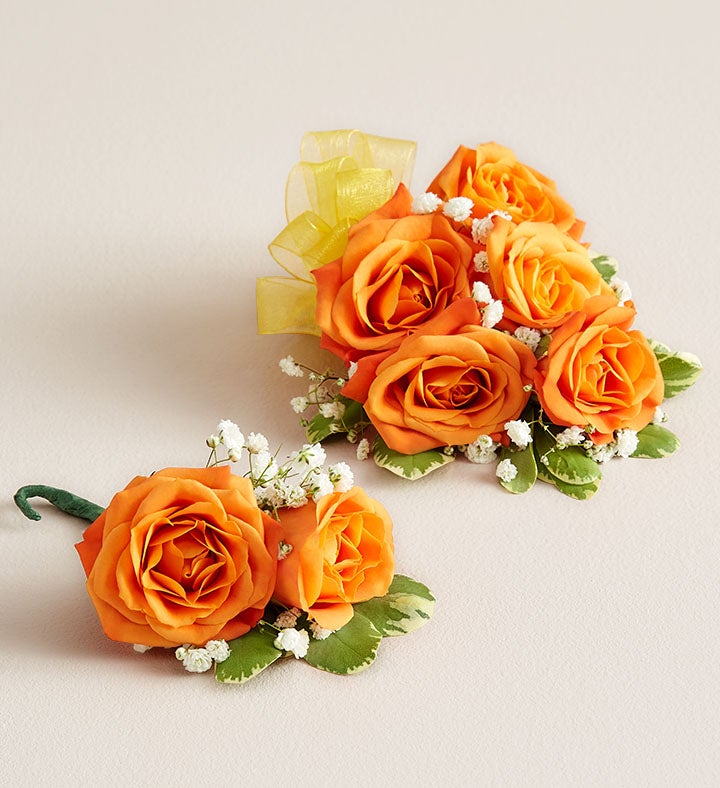 1-800-Flowers Flower Delivery Orange Spray Rose Corsage & Boutonniere Large W/ Yellow Bow & Boutonniere