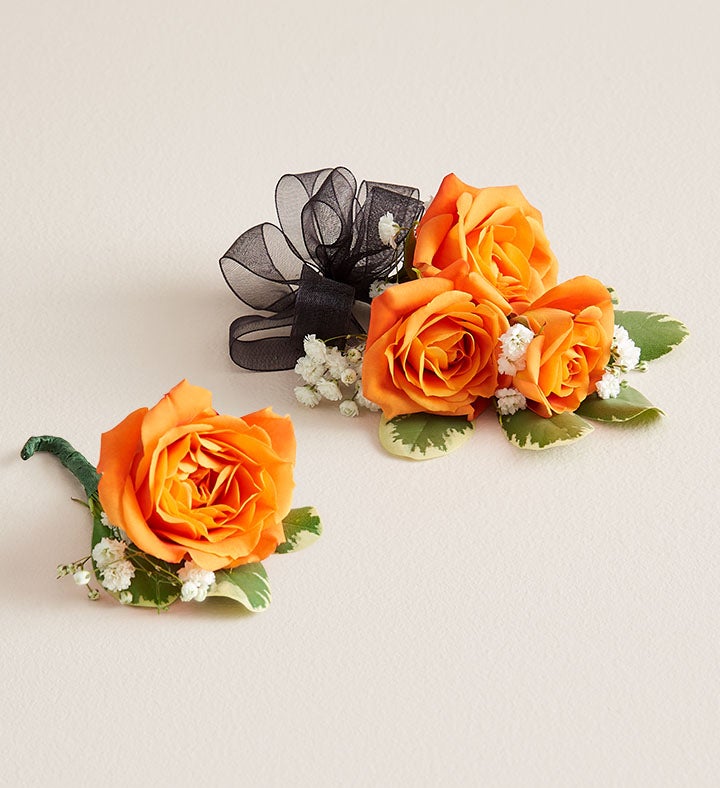1-800-Flowers Flower Delivery Orange Spray Rose Corsage & Boutonniere Small W/ Black Bow & Boutonniere