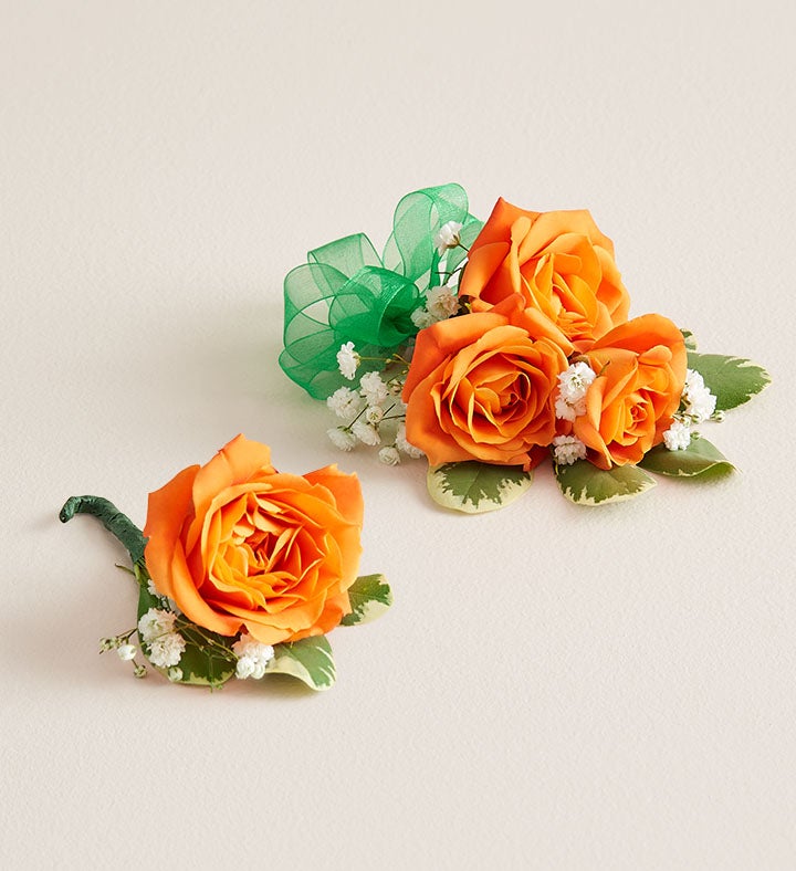1-800-Flowers Flower Delivery Orange Spray Rose Corsage & Boutonniere Small W/ Green Bow & Boutonniere