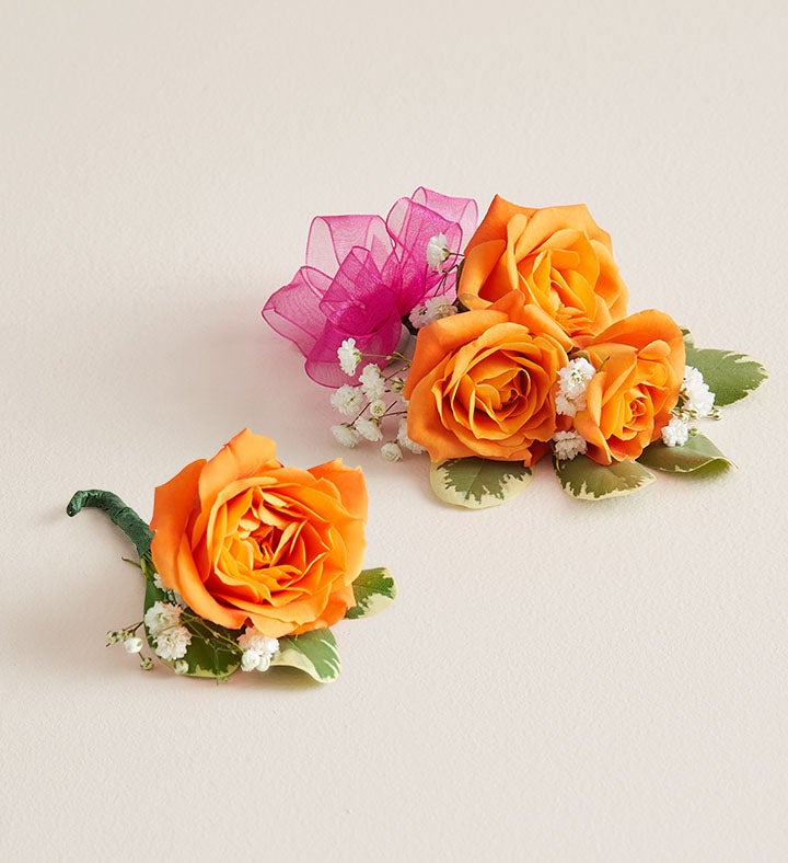 1-800-Flowers Flower Delivery Orange Spray Rose Corsage & Boutonniere Small W/ Hot Pink Bow & Boutonniere