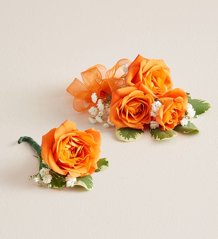 1-800-Flowers Flower Delivery Orange Spray Rose Corsage & Boutonniere Small W/ Orange Bow & Boutonniere