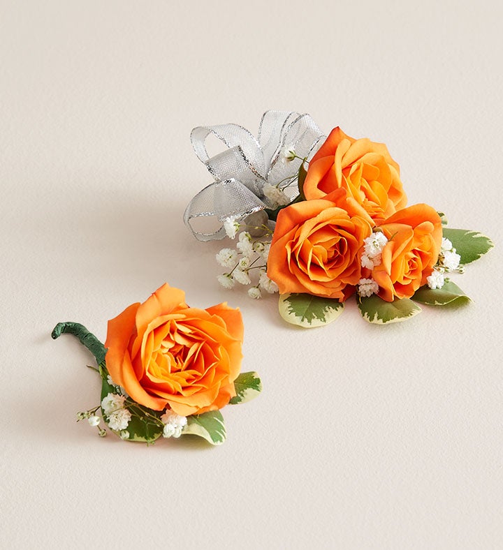 1-800-Flowers Flower Delivery Orange Spray Rose Corsage & Boutonniere Small W/ Silver Bow & Boutonniere