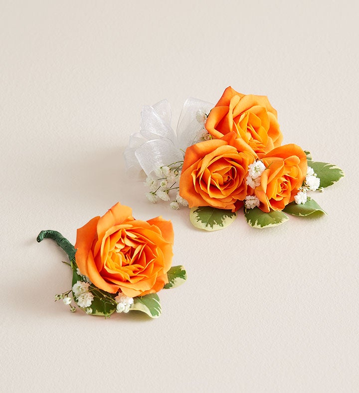 1-800-Flowers Flower Delivery Orange Spray Rose Corsage & Boutonniere Small W/ White Bow & Boutonniere