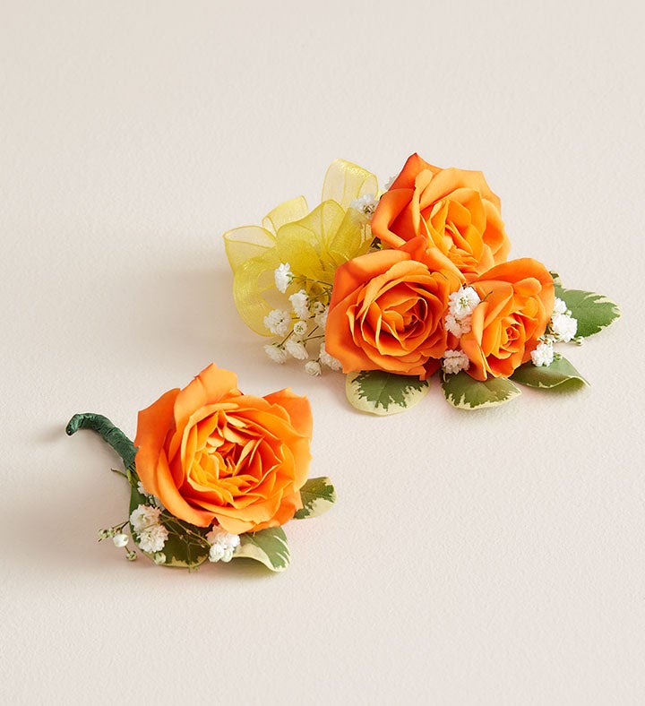 1-800-Flowers Flower Delivery Orange Spray Rose Corsage & Boutonniere Small W/ Yellow Bow & Boutonniere