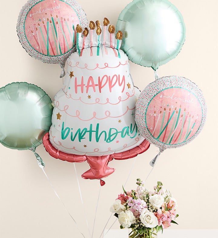 Elegant Blush Bouquet with Happy Birthday Balloon Arrangement