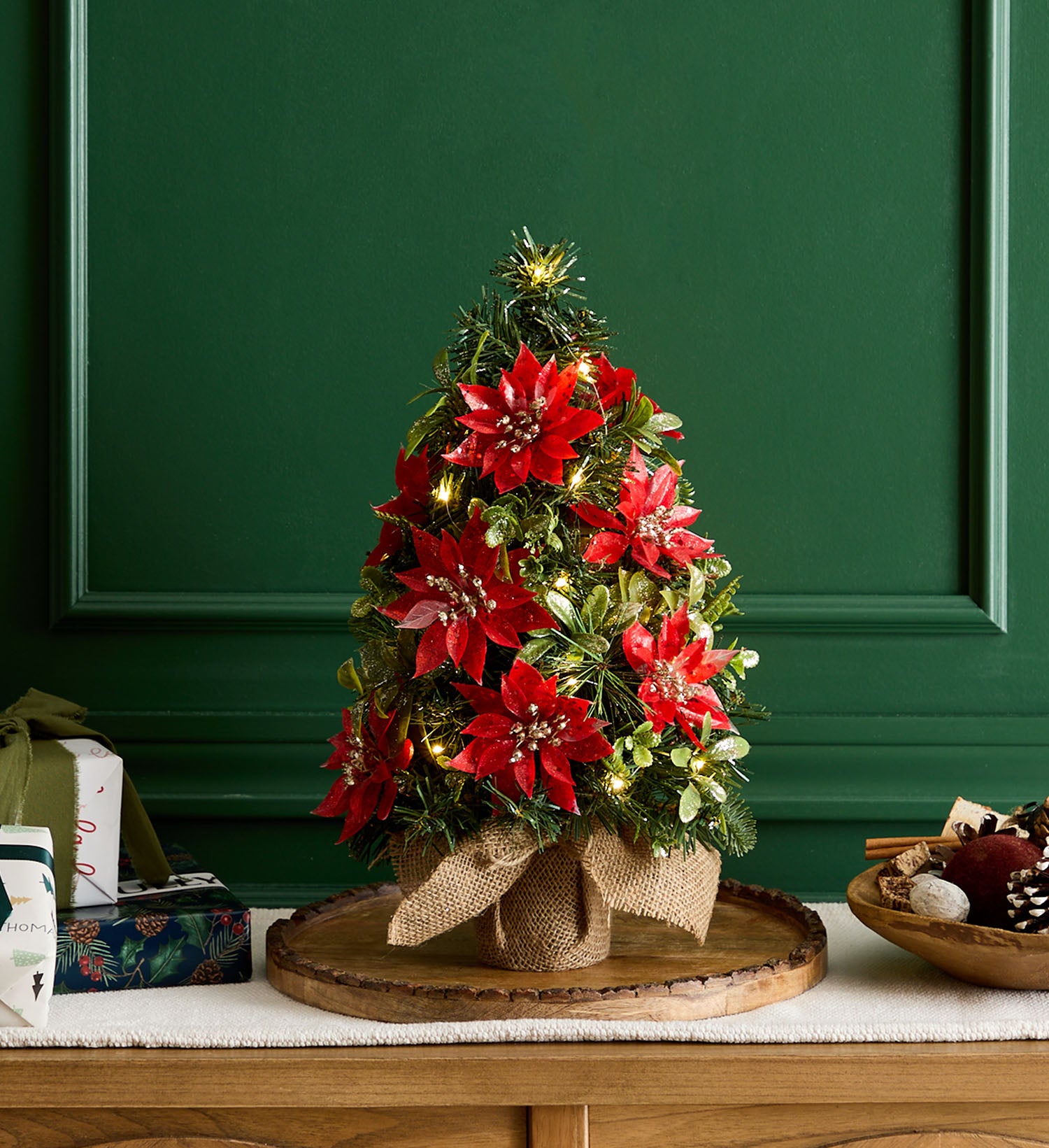 Shimmering Poinsettia Tree with Lights - 18”